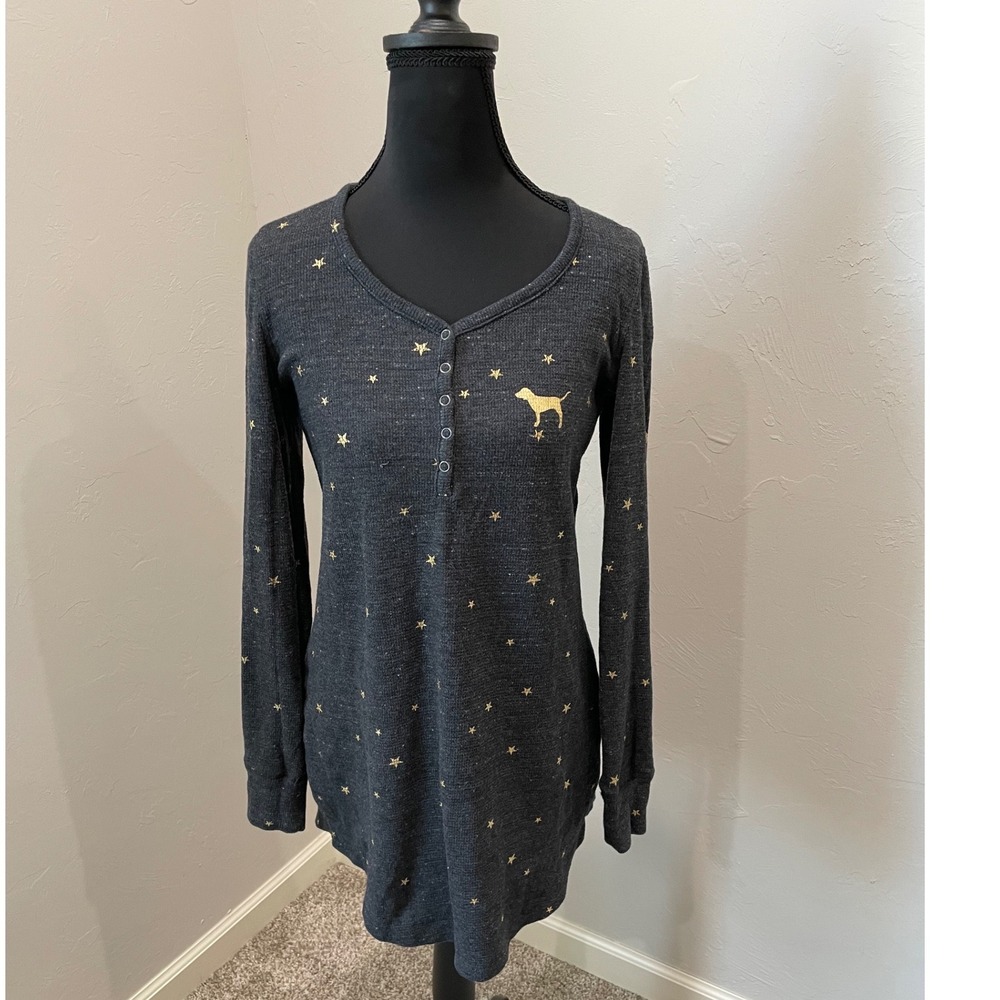 Victoria's Secret PINK Gray Gold Star Henley Sleep Shirt Nightgown XS Goodish